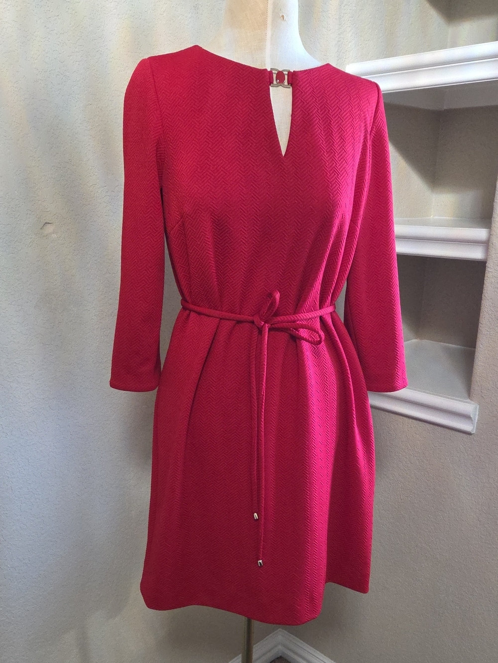 Fuchsia Midi Dress with Waist Tie and Keyhole Neckline